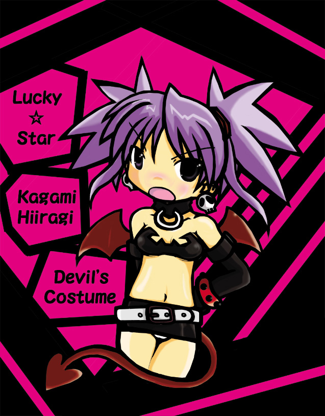 etna (disgaea), hiiragi kagami, disgaea, lucky star, makai senki disgaea, artist request, 00s, 1girl, angry, belt, black eyes, black gloves, black shirt, black skirt, blush, bracelet, breasts, choker, collarbone, cosplay, demon girl, demon tail, demon wings, earrings, etna (disgaea) (cosplay), gloves, jewelry, long hair, looking at viewer, midriff, open mouth, panties, panty peek, pink background, purple hair, shirt, skirt, skull, skull earrings, small breasts, spiked bracelet, spikes, standing, strapless, tail, tube top, twintails, underwear, white belt, white panties, wings