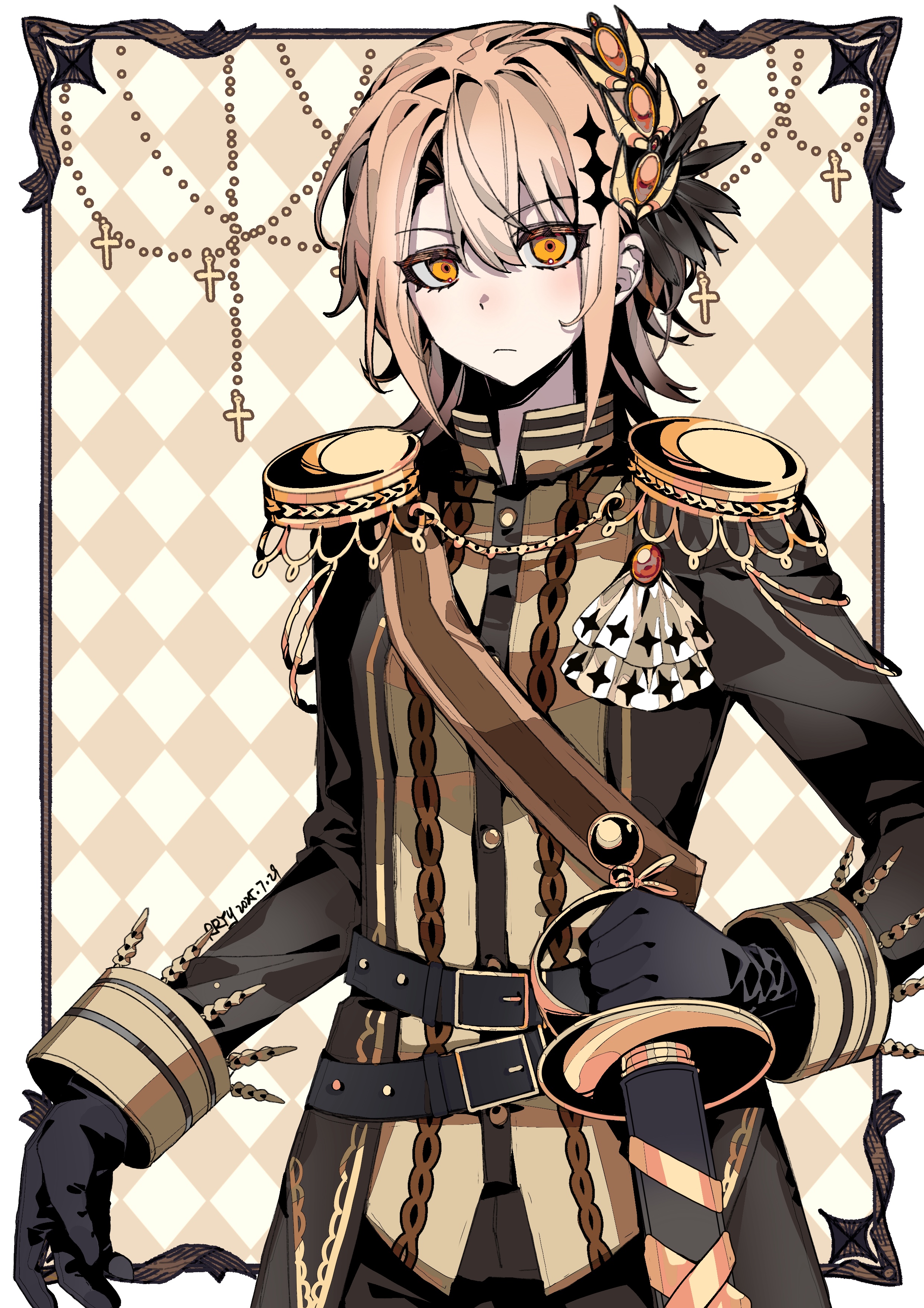 rryy, mahou shoujo no majo saiban, absurdres, chinese commentary, commentary request, highres, 1girl, argyle background, belt, black belt, black gloves, black jacket, blonde hair, brown background, closed mouth, cowboy shot, cross, epaulettes, eyelashes, gloves, hair between eyes, hair ornament, hasumi reia, holding, holding sword, holding weapon, jacket, long sleeves, looking at viewer, outside border, rapier, sash, short hair, shoulder sash, solo, standing, sword, weapon, yellow eyes