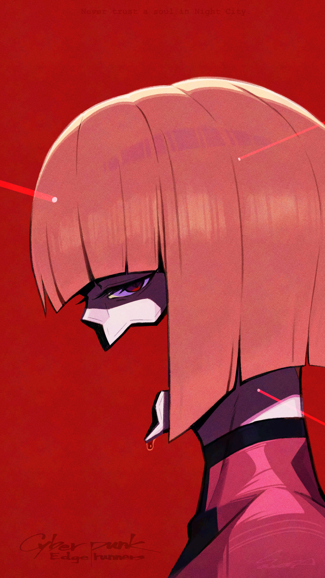 sawasa, kiwi (cyberpunk), cyberpunk: edgerunners, cyberpunk (series), highres, 1girl, bob cut, coat, from side, laser, laser pointer projection, no mouth, portrait, red background, red coat, short hair, simple background, solo, upper body