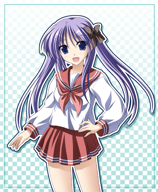 tsuda akira, hiiragi kagami, lucky star, 00s, 1girl, :d, bow, female focus, hair bow, long sleeves, looking at viewer, neckerchief, open mouth, pink neckerchief, pleated skirt, purple eyes, purple hair, red skirt, school uniform, serafuku, shirt, skirt, smile, solo, white shirt