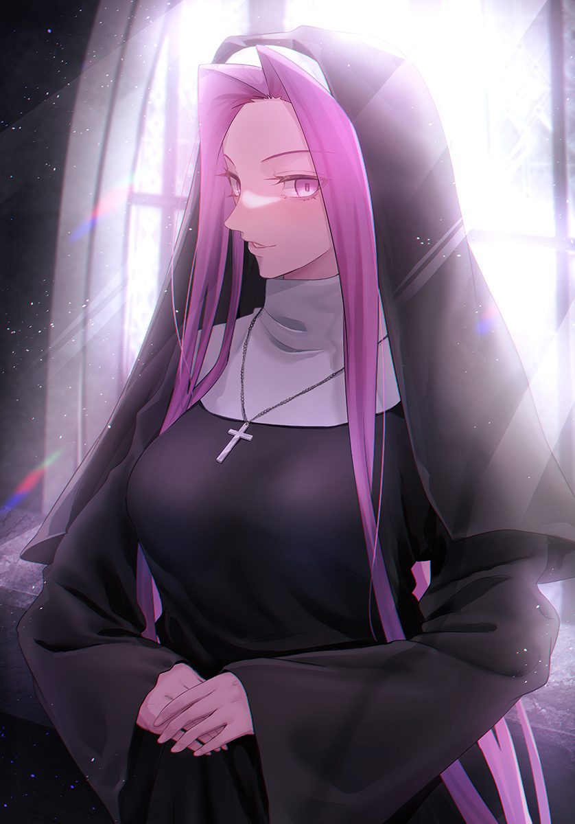 minami koyogi, medusa (fate), medusa (rider) (fate), fate/stay night, fate (series), commentary, highres, 1girl, black robe, black veil, cross, cross necklace, indoors, jewelry, long hair, looking at viewer, necklace, nun, own hands together, parted lips, pink eyes, pink hair, robe, solo, sunlight, traditional nun, veil