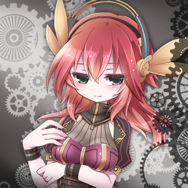 emil chronicle online, automedic alma, black eyes, black jacket, breasts, dress, gear background, grey background, guillosno6, hand on own chest, headphones, jacket, large breasts, long hair, open clothes, open jacket, purple dress, red hair, robot ears, sleeveless, sleeveless dress, upper body, wristband