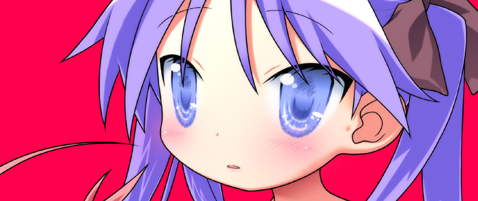 kurosu tsugutoshi, hiiragi kagami, lucky star, 00s, 1girl, blue eyes, blush, close-up, expressionless, eyelashes, female focus, long hair, looking at viewer, open mouth, pink background, portrait, purple hair, red background, simple background, solo, tsurime, twintails, upper body
