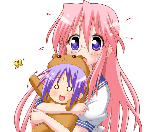 minami (colorful palette), bear tsukasa, capybara-san, hiiragi tsukasa, takara miyuki, lucky star, 00s, 2girls, :3, animal costume, blush, bug, butterfly, carrying, chibi, glasses, hug, insect, long hair, multiple girls, o o, open mouth, pink hair, purple eyes, purple hair, school uniform, serafuku, simple background, sweat