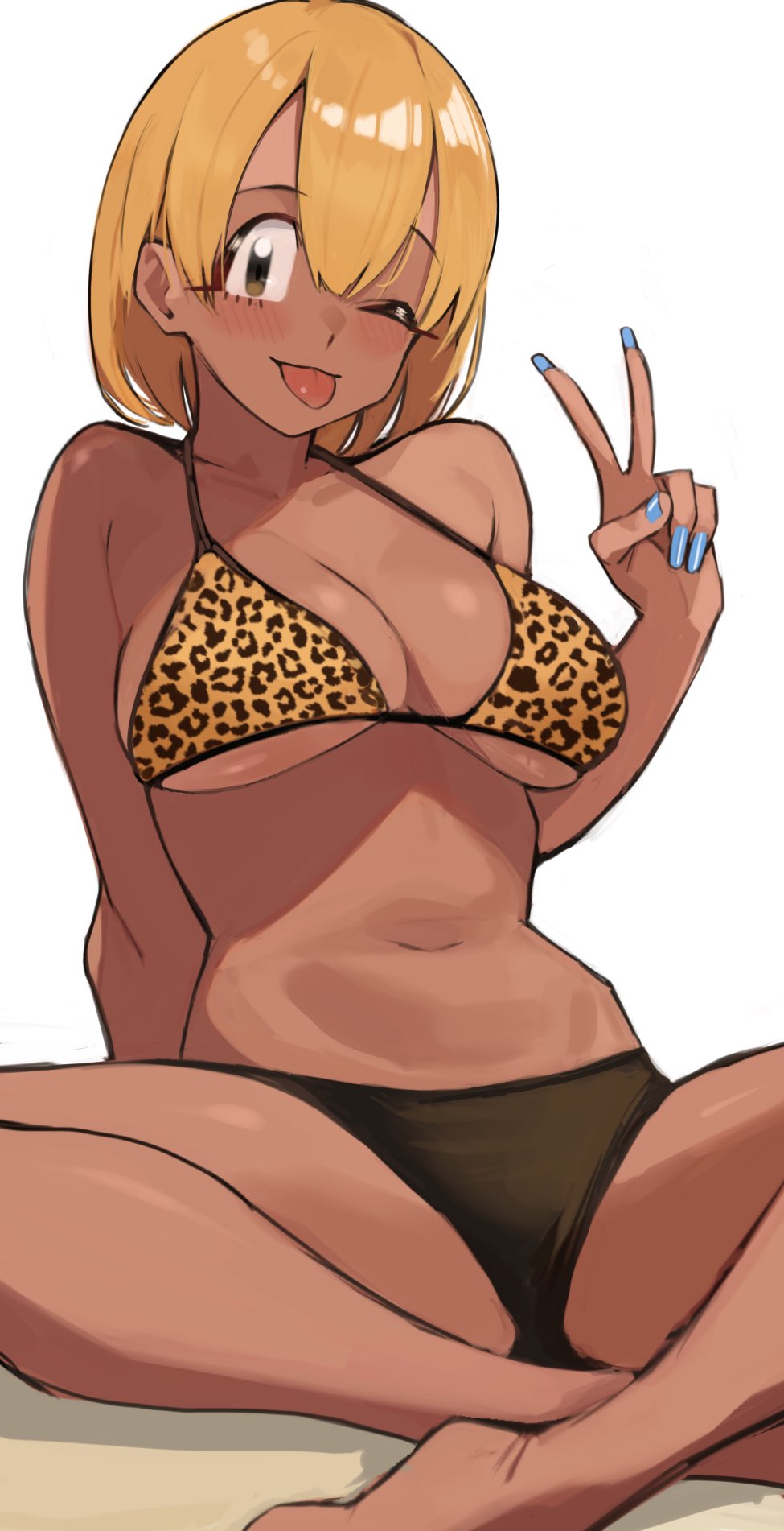 ayatak0517, manbagi rumiko, komi-san wa komyushou desu, highres, 1girl, ;p, animal print, bikini, black bikini, blonde hair, blue nails, breasts, brown eyes, dark-skinned female, dark skin, large breasts, leopard print, navel, one eye closed, sitting, solo, spread legs, swimsuit, tongue, tongue out, v, white background, yellow bikini