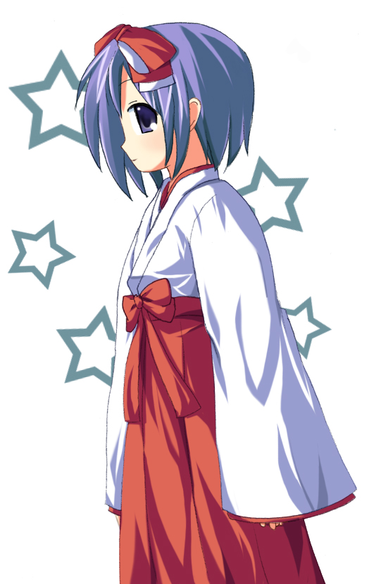 odaya, odayan, hiiragi tsukasa, lucky star, 00s, 1girl, blue eyes, blue hair, female focus, from side, hakama, hakama skirt, japanese clothes, kimono, long skirt, long sleeves, matching hair/eyes, miko, profile, red hakama, red skirt, short hair, skirt, solo, standing, wide sleeves