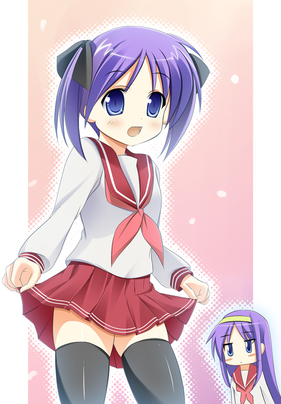 shio, hiiragi kagami, hiiragi tsukasa, lucky star, 00s, 2girls, miniskirt, multiple girls, school uniform, serafuku, siblings, sisters, skirt, thighhighs, twins, zettai ryouiki