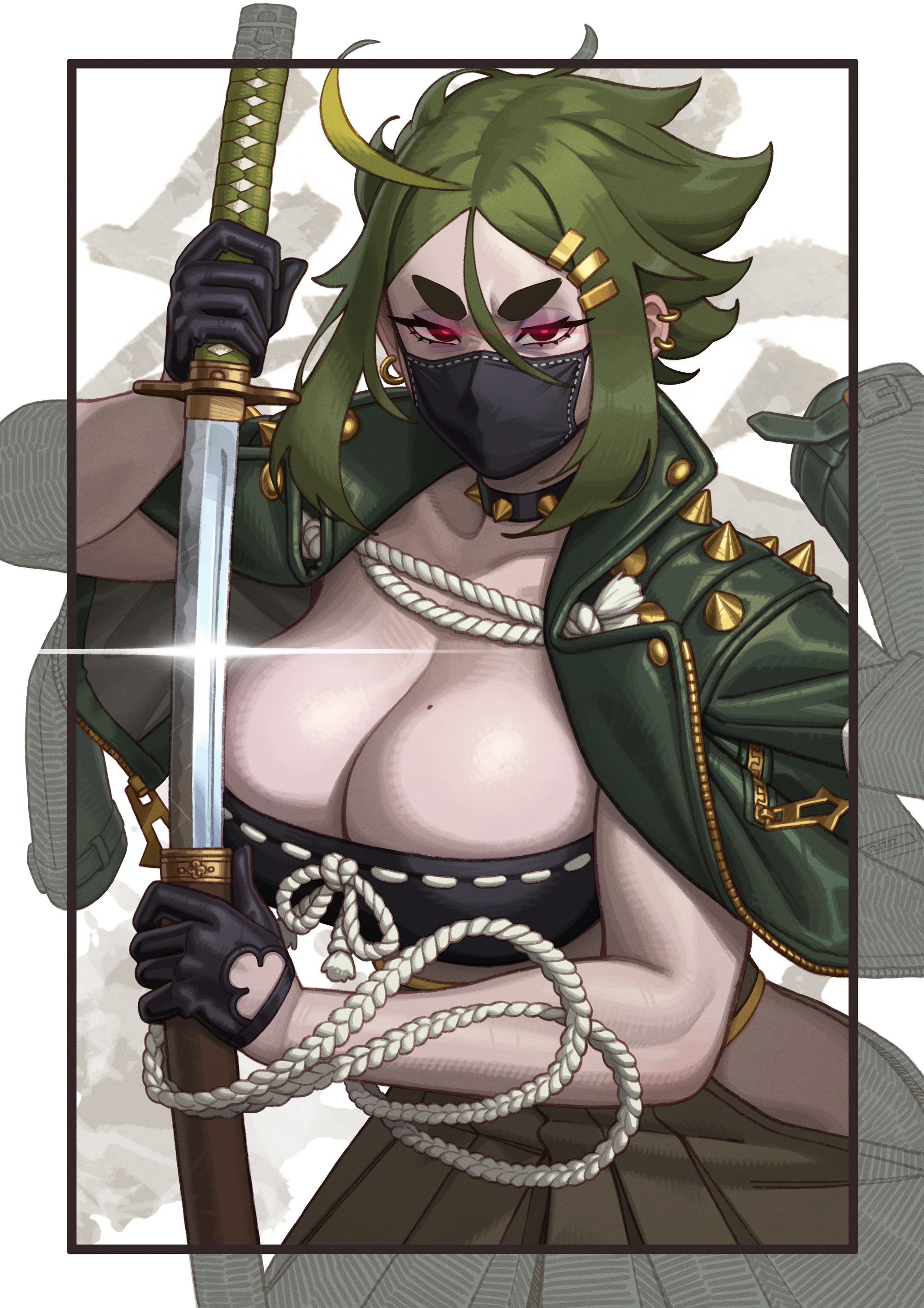 riz, midori (riz), original, absurdres, highres, 1girl, ahoge, black gloves, breasts, ear piercing, gloves, glowing, glowing eyes, green hair, green jacket, hair between eyes, hair ornament, hairclip, holding, holding sword, holding weapon, huge breasts, jacket, jacket on shoulders, katana, mask, mole, mouth mask, open clothes, piercing, red eyes, sheath, spiked jacket, sword, thick eyebrows, weapon