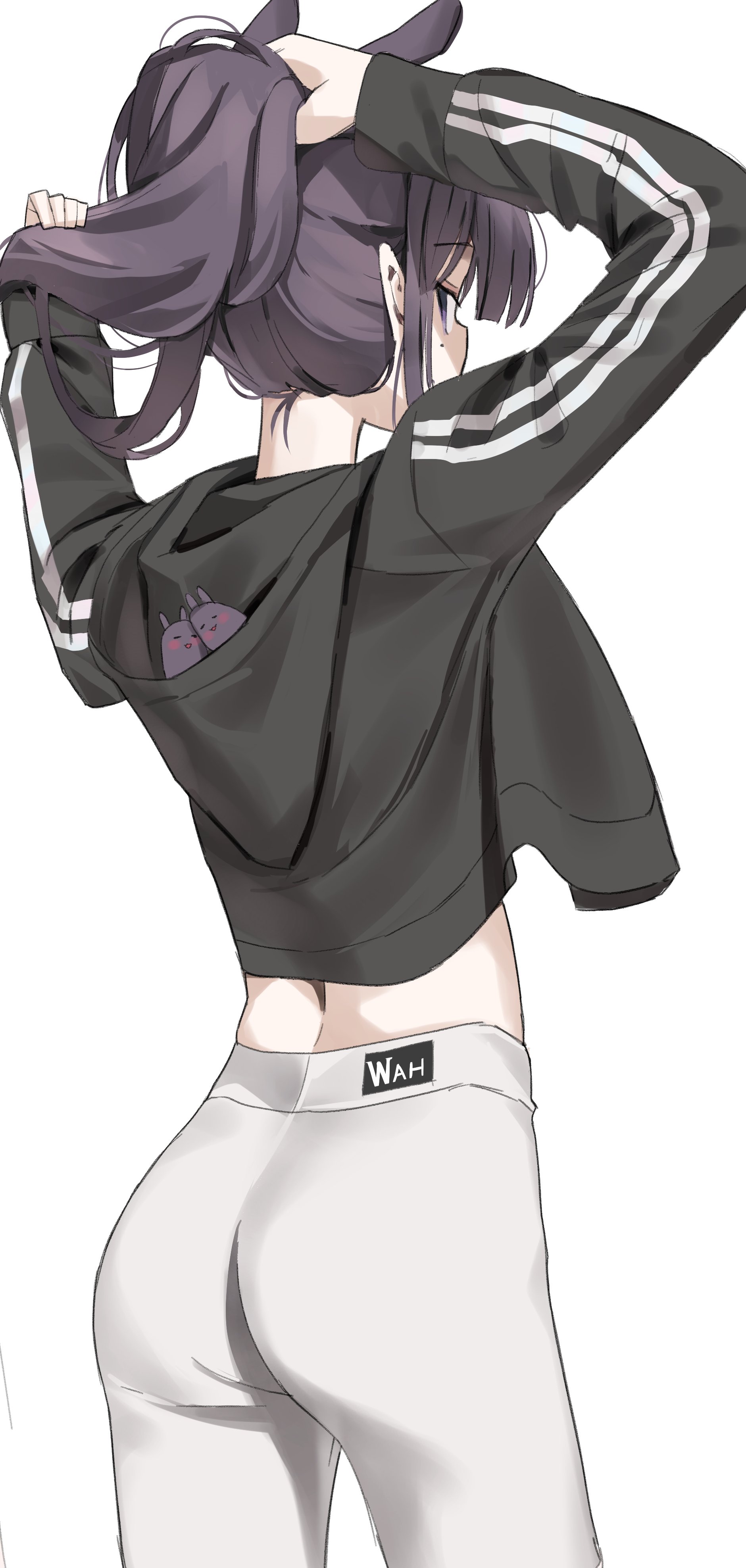 scarlet (wv0102), ninomae ina'nis, takodachi (ninomae ina'nis), hololive, hololive english, absurdres, commentary, highres, symbol-only commentary, 1girl, alternate costume, arms up, ass, black jacket, hood, hooded jacket, jacket, long hair, pants, purple hair, simple background, solo, tying hair, virtual youtuber, white background, white pants, yoga pants
