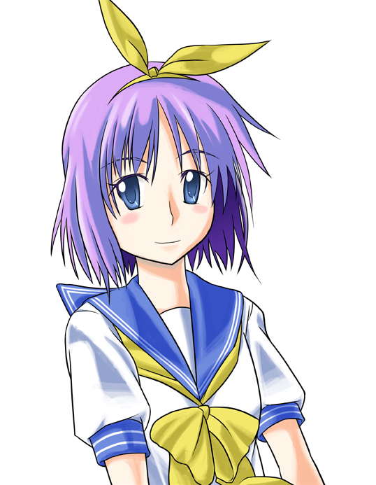 fuuyou yuuki, hiiragi tsukasa, lucky star, 00s, 1girl, bow, bowtie, closed mouth, female focus, hair bow, looking at viewer, purple hair, sailor collar, school uniform, serafuku, shirt, short hair, short sleeves, smile, solo, upper body, white shirt, yellow bow, yellow bowtie