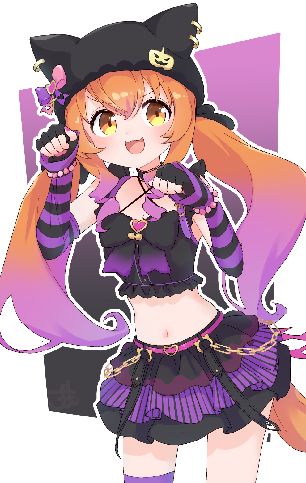 mayano top gun (umamusume), umamusume, commentary request, highres, 1girl, :3, animal ears, comomo, gradient hair, horse ears, horse girl, horse tail, long hair, midriff, multicolored hair, navel, orange eyes, orange hair, paw pose, purple hair, skirt, tail, twintails, two-tone hair, v-shaped eyebrows