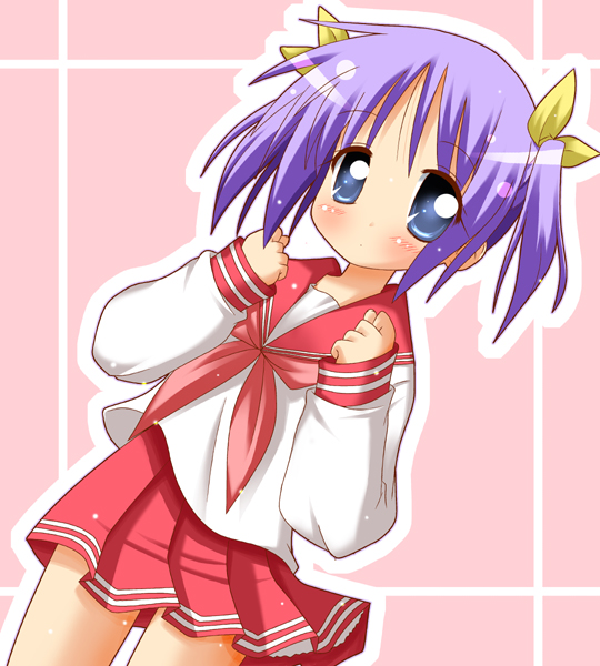 minami (colorful palette), hiiragi tsukasa, lucky star, 00s, alternate hairstyle, blue eyes, hair ribbon, purple hair, ribbon, school uniform, serafuku, short hair, solo, twintails
