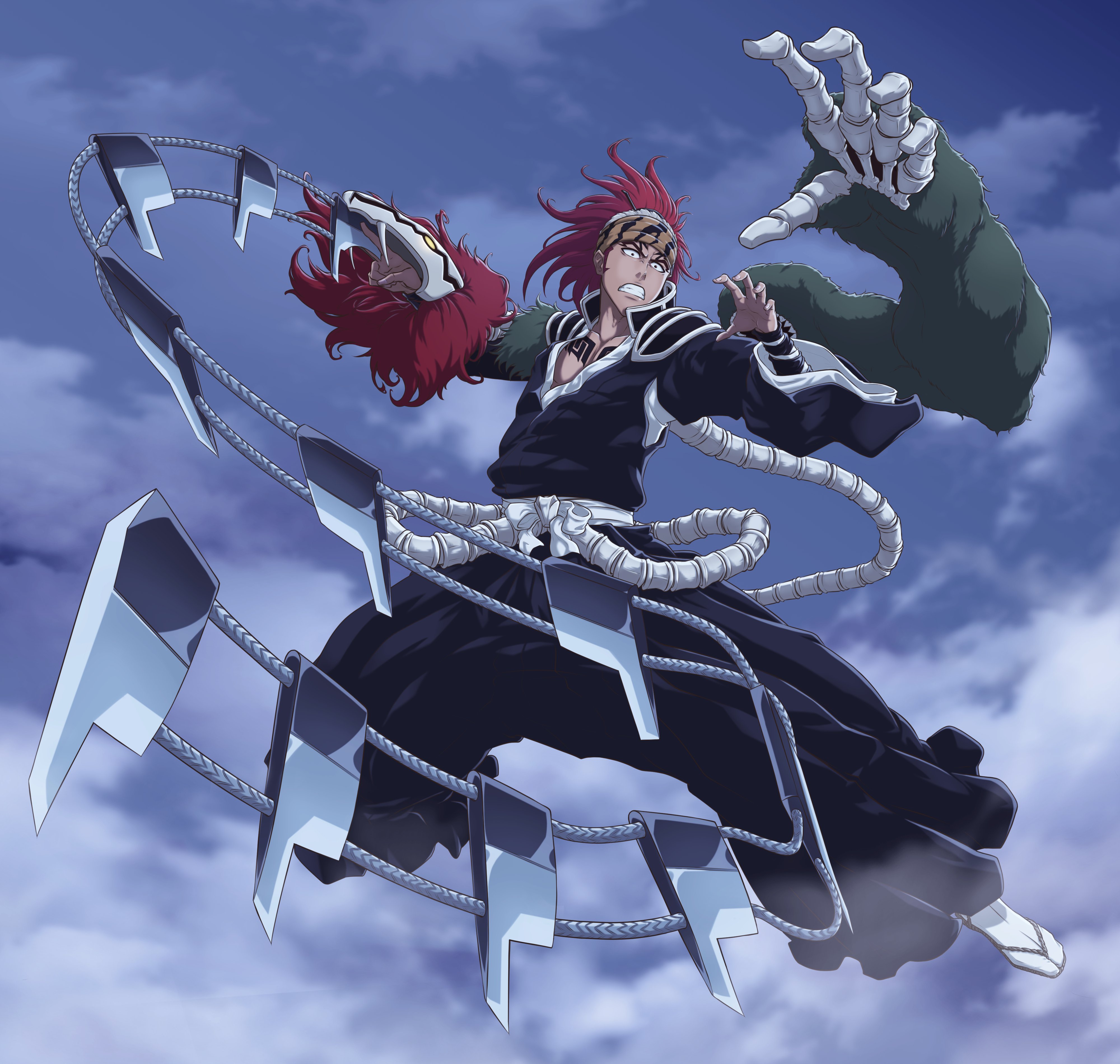 sonzhondaya, abarai renji, bleach, bleach: sennen kessen-hen, absurdres, highres, 1boy, arm blade, bandana, bankai, black hakama, black kimono, bone, chest tattoo, clenched teeth, cloud, collarbone, extra arms, forehead tattoo, full body, fur trim, green fur, hakama, japanese clothes, kimono, looking at viewer, midair, obi, ponytail, red fur, red hair, sash, shihakusho, sideburns, sky, socks, solo, souou zabimaru (bankai), tabi, tattoo, teeth, waraji, weapon, whip sword, white sash, white socks