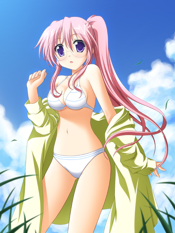 tsuda akira, takara miyuki, lucky star, 00s, 1girl, bikini, blue sky, breasts, cleavage, cloud, day, female focus, glasses, grass, medium breasts, navel, outdoors, pink hair, purple eyes, sky, solo, striped bikini, striped clothes, swimsuit, white bikini