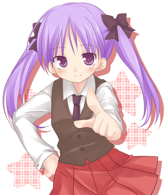shiratama, shiratama yomogi, hiiragi kagami, lucky star, 00s, 1girl, buttons, collared shirt, dress shirt, female focus, long hair, looking at viewer, pleated skirt, purple eyes, purple hair, red skirt, school uniform, serafuku, shirt, simple background, skirt, solo, twintails, vest, white background, white shirt