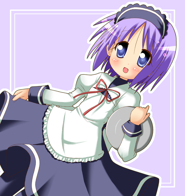 minami (colorful palette), hiiragi tsukasa, lucky star, suzumiya haruhi no yuuutsu, 1girl, alternate costume, blue eyes, cosplay, cowboy shot, enmaided, female focus, maid, purple hair, short hair, solo, standing, tray, waitress