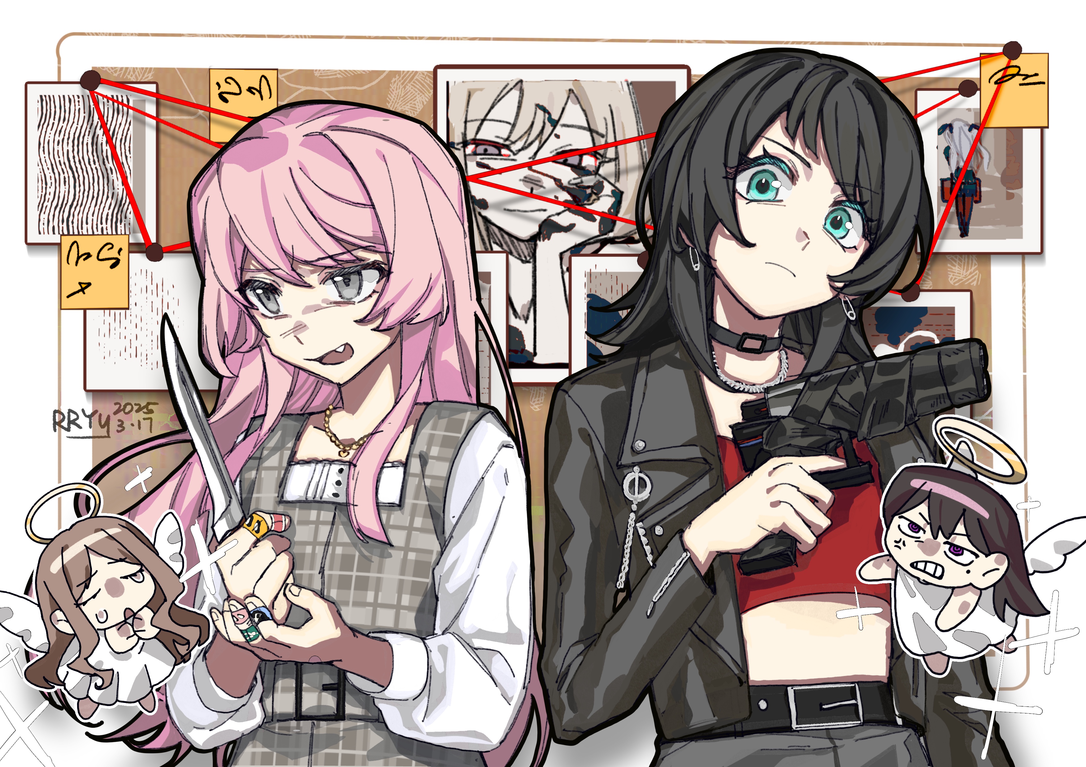 rryy, chihaya anon, nagasaki soyo, shiina taki, yahata umiri, bang dream!, bang dream! it's mygo!!!!!, absurdres, chinese commentary, commentary request, highres, 4girls, angel, angel wings, artist name, bandaid, bandaid on hand, belt, black belt, black choker, black hair, black jacket, blue eyes, brown hair, bulletin board, chibi, choker, closed mouth, cropped shirt, dated, dress, evidence board, fang, furrowed brow, grey dress, grey eyes, gun, halo, holding, holding gun, holding knife, holding weapon, jacket, jewelry, knife, leather, leather jacket, long hair, long sleeves, looking at viewer, medium hair, multiple girls, necklace, open mouth, paper, photo (object), pinafore dress, pink hair, purple eyes, red shirt, shirt, sidelocks, sleeveless, sleeveless dress, smile, sparkle, sticky note, weapon, white shirt, wings