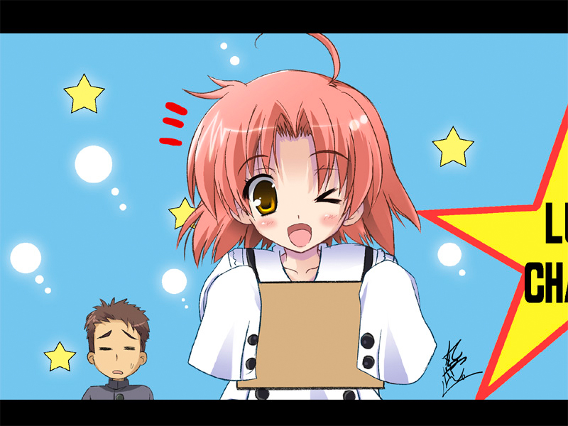 happy birthday (artist), kogami akira, shiraishi minoru, lucky star, 00s, 1boy, 1girl, brown eyes, oversized clothes, pink hair, school uniform, serafuku