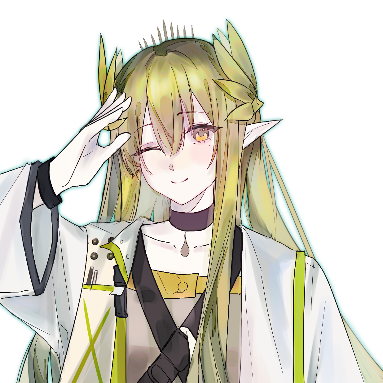 muelsyse (arknights), arknights, chinese commentary, commentary request, highres, 1girl, ;), alkali o, blonde hair, brown choker, choker, closed mouth, collarbone, elf, hair between eyes, jacket, long hair, long sleeves, looking at viewer, mole, mole under eye, one eye closed, open clothes, open jacket, pointy ears, salute, sidelocks, simple background, smile, solo, strap, upper body, white jacket