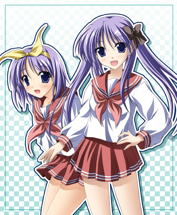 tsuda akira, hiiragi kagami, hiiragi tsukasa, lucky star, 00s, 2girls, :d, bare legs, black bow, bow, cowboy shot, hair bow, long hair, long sleeves, looking at viewer, multiple girls, open mouth, pink hair, pleated skirt, red skirt, sailor collar, school uniform, serafuku, short hair, siblings, sisters, skirt, smile, standing, twins