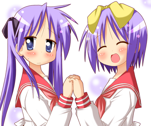 hiiragi kagami, hiiragi tsukasa, lucky star, tagme, 00s, 2girls, blue eyes, closed eyes, hair ribbon, hairband, long hair, multiple girls, open mouth, purple hair, school uniform, serafuku, short hair, sisters, tongue, twins, twintails, upper body