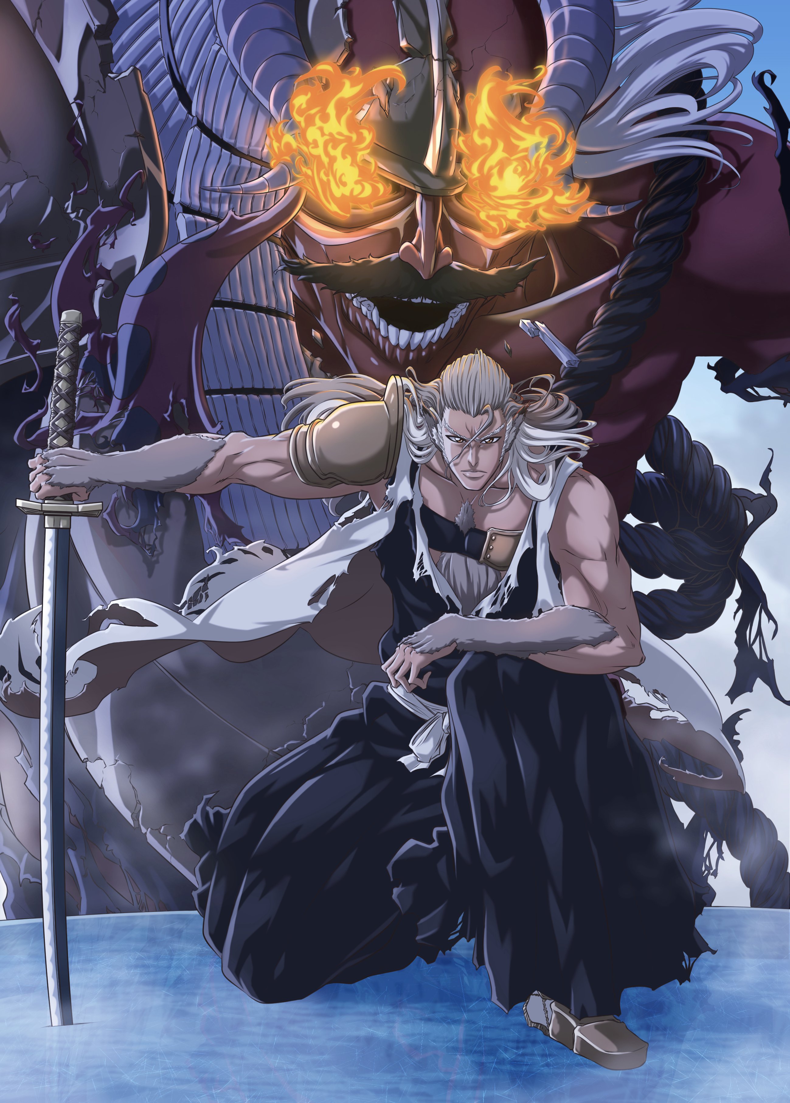 sonzhondaya, komamura sajin, bleach, bleach: sennen kessen-hen, absurdres, commentary, english commentary, highres, spoilers, 1boy, animal ears, armor, bankai, black kimono, breastplate, brown hair, closed mouth, collarbone, facial hair, fire, flaming eyes, floating clothes, floating hair, full body, haori, holding, holding sword, holding weapon, japanese clothes, katana, kimono, kokujou tengen myouou (bankai), lips, long hair, looking at viewer, male focus, multicolored hair, muscular, muscular male, mustache, on one knee, red eyes, rope, serious, shimenawa, solo, sword, thick eyebrows, two-tone hair, v-shaped eyebrows, weapon, white background, wolf boy, wolf ears