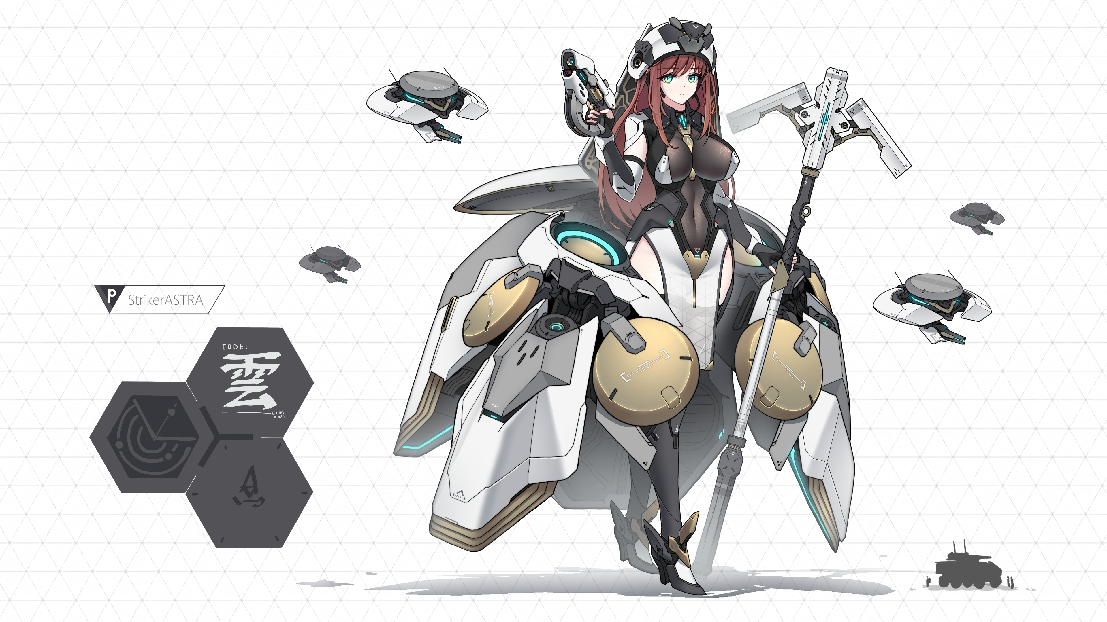 sherman (egnk2525), original, absurdres, highres, 1girl, blue eyes, breasts, brown hair, drone, english text, fingerless gloves, full body, giant, giantess, gloves, gun, handgun, hat, holding, holding gun, holding staff, holding weapon, large breasts, mecha musume, mechanical dress, nun, shadow, staff, standing, weapon, white background