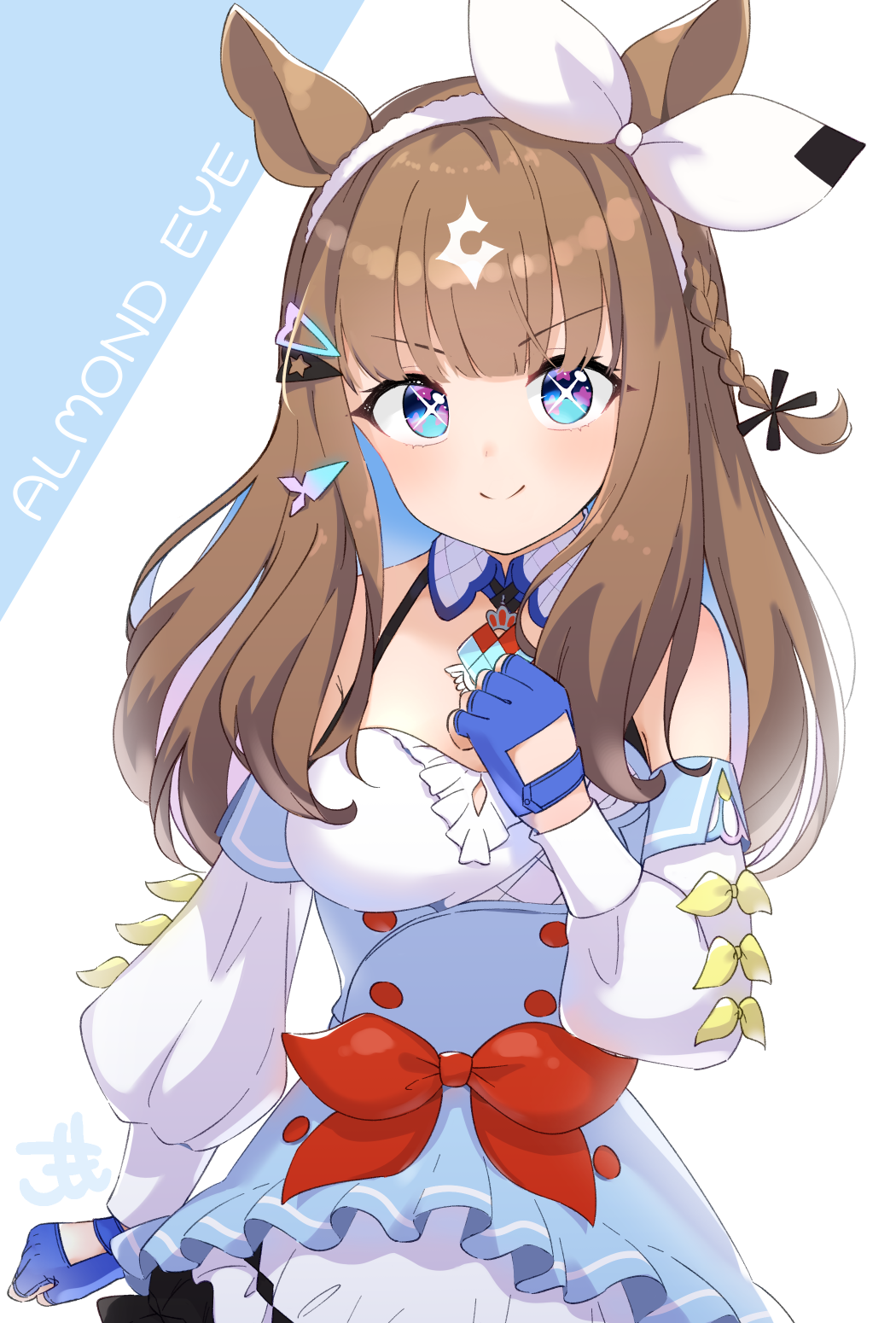 almond eye (umamusume), umamusume, highres, 1girl, animal ears, artist logo, bare shoulders, black ribbon, blue dress, blue eyes, blue hair, blunt bangs, braid, breasts, brown hair, character name, clenched hand, closed mouth, colored inner hair, comomo, dress, hair ornament, hair ribbon, hairclip, hand on own chest, headband, horse ears, horse girl, logo, long hair, medium breasts, multicolored hair, puffy sleeves, red ribbon, ribbon, simple background, smile, star-shaped pupils, star (symbol), symbol-shaped pupils, v-shaped eyebrows, white headband, white ribbon