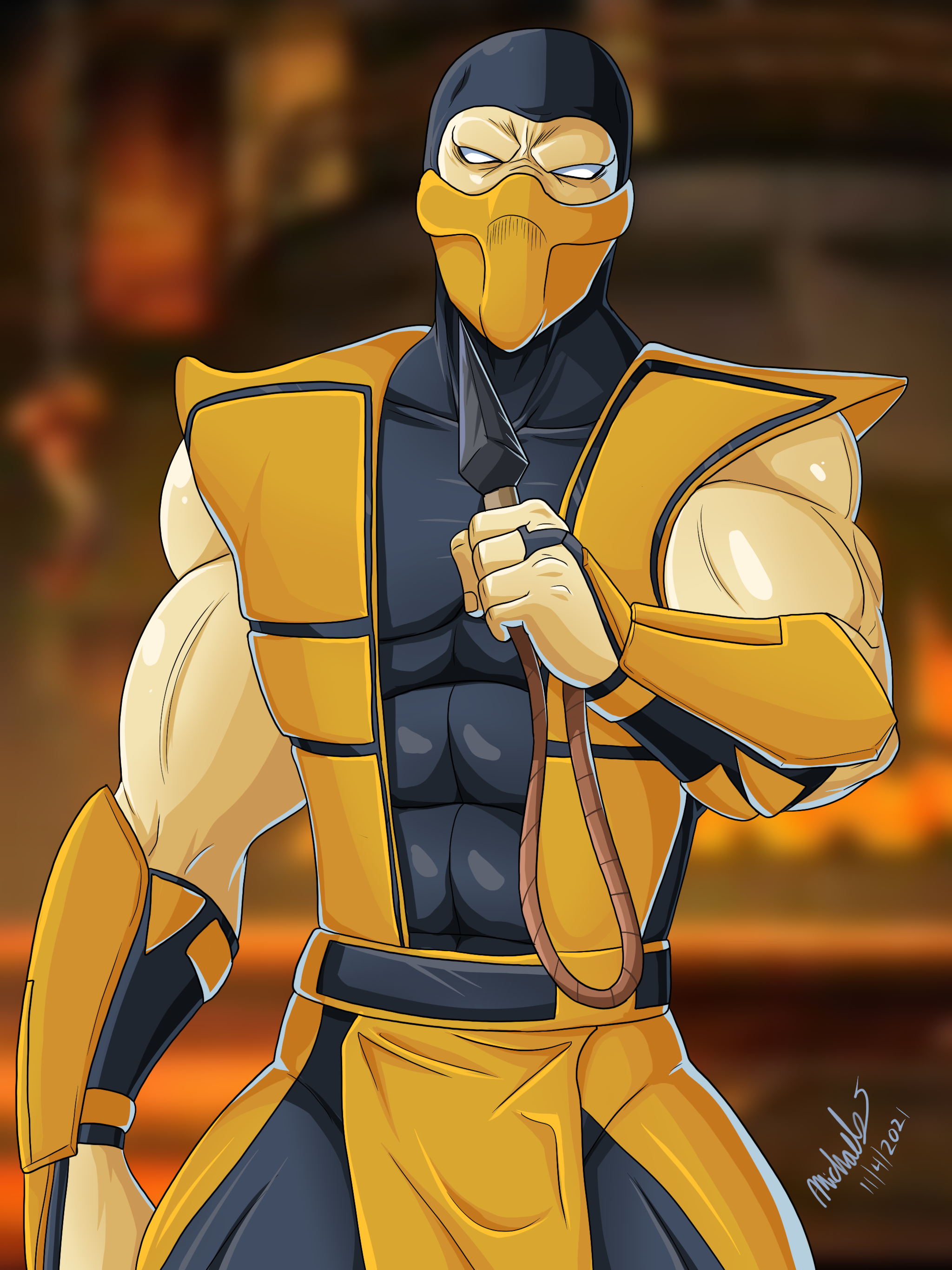 michael gonzalez, hanzo hasashi, scorpion (mortal kombat), mortal kombat (series), absurdres, highres, 1boy, black gloves, fingerless gloves, gloves, holding, holding weapon, kunai, male focus, mask, mouth mask, muscular, muscular male, ninja, ninja mask, no pupils, weapon