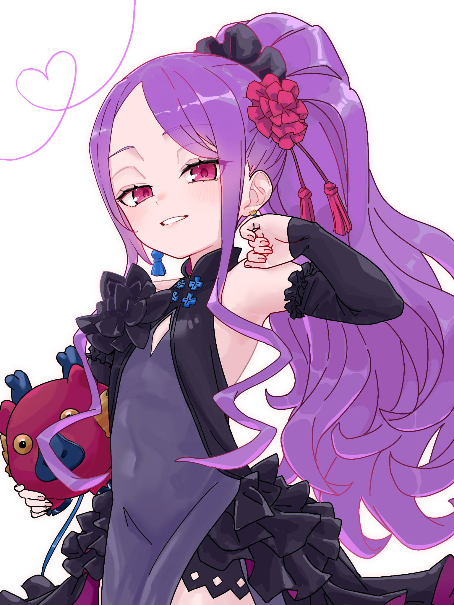 niwaikanai, wu zetian (fate), fate/grand order, fate (series), highres, 1girl, bare shoulders, black dress, breasts, detached sleeves, dress, earrings, flower, forehead, grin, hair flower, hair ornament, hair scrunchie, jewelry, long hair, looking at viewer, parted bangs, piglet, purple eyes, purple hair, scrunchie, side slit, sidelocks, small breasts, smile, solo, tassel, tassel earrings, very long hair, wu zetian (celebratory attire) (fate)