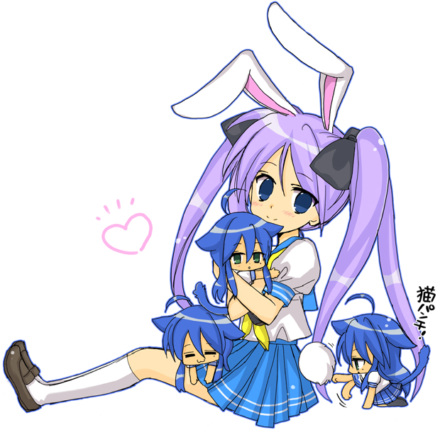hiiragi kagami, izumi konata, lucky star, 00s, animal ears, hair ribbon, purple hair, rabbit ears, ribbon, school uniform, serafuku, tsurime