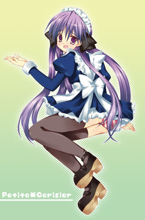 sakura hanpen, hiiragi kagami, lucky star, 00s, alternate costume, bow, enmaided, maid, panties, purple eyes, purple hair, solo, striped clothes, striped panties, thighhighs, underwear