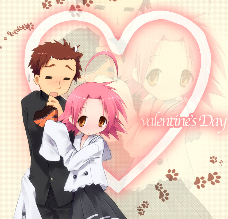 kuroba u, kogami akira, shiraishi minoru, lucky star, 00s, 1boy, 1girl, = =, ahoge, black skirt, blush, box, candy, english text, food, gift, gift box, heart, heart-shaped box, huge ahoge, long sleeves, looking at viewer, open mouth, orange eyes, pink hair, pleated skirt, school uniform, serafuku, short hair, skirt, sleeves past wrists, sweatdrop, valentine