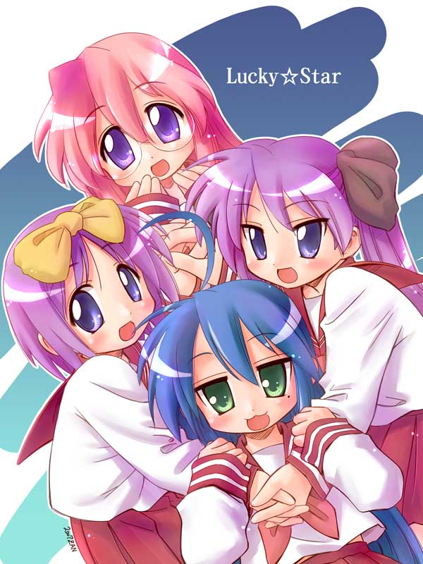 hiiragi kagami, hiiragi tsukasa, izumi konata, takara miyuki, lucky star, 00s, 4girls, blue eyes, blue hair, glasses, green eyes, hair ribbon, hairband, looking at viewer, mole, mole under eye, multiple girls, open mouth, pink hair, purple eyes, purple hair, school uniform, serafuku, sisters, tongue, twins
