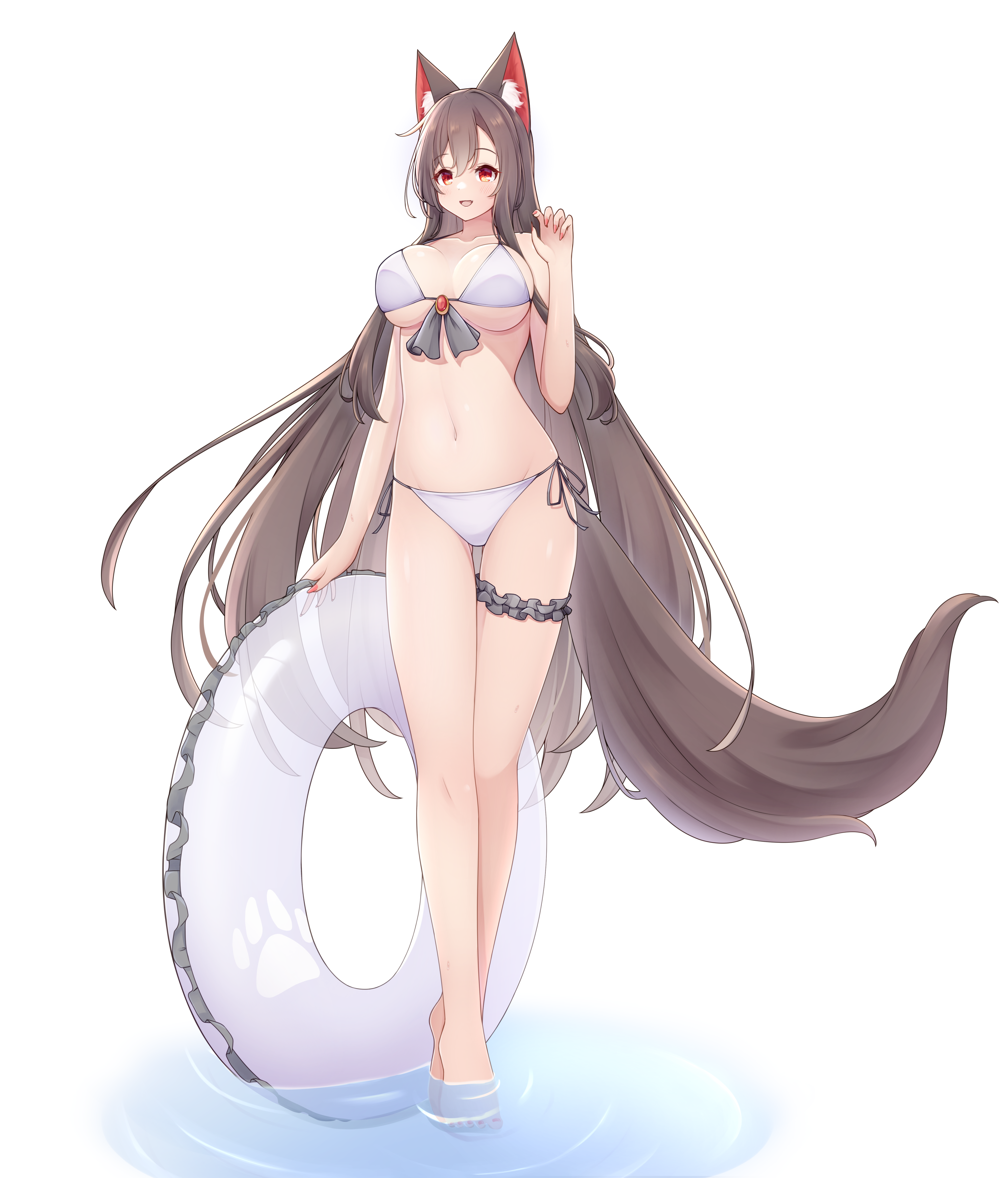 hashi2387, imaizumi kagerou, touhou, absurdres, commentary request, highres, 1girl, alternate costume, animal ear fluff, animal ears, breasts, brown hair, frilled thigh strap, full body, innertube, large breasts, long hair, looking at viewer, navel, open mouth, pink nails, red eyes, smile, solo, stomach, swim ring, tail, thigh strap, tiptoes, very long hair, wading, water, wolf ears, wolf girl, wolf tail