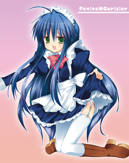 sakura hanpen, izumi konata, lucky star, 00s, alternate costume, clothes lift, enmaided, garter belt, lingerie, maid, skirt, skirt lift, solo, thighhighs, underwear