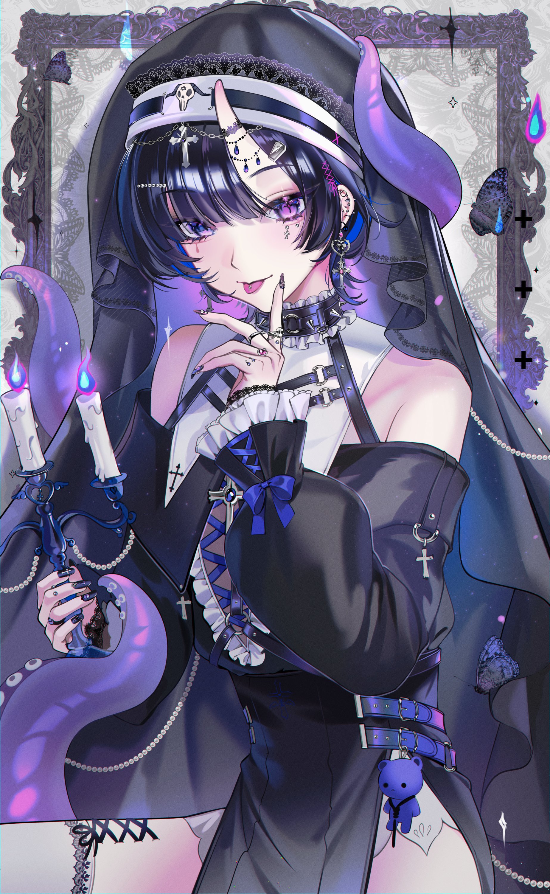 saga666, original, absurdres, commentary, highres, 1girl, asymmetrical bangs, bare shoulders, black choker, black dress, black hair, black nails, black veil, blue bow, blue eyes, blue fire, bow, candlestand, choker, corset piercing, cowboy shot, cross, cross earrings, dress, earrings, fire, frilled choker, frills, grey background, hair over one eye, hand up, heart, heart earrings, heterochromia, holding candlestand, horns, jewelry, latin cross, long sleeves, looking at viewer, multicolored nails, multiple rings, nail polish, pelvic curtain, purple eyes, purple fire, ring, short hair, single horn, skin-covered horns, skull ring, solo, spiked choker, spikes, tentacles, tongue, tongue out, veil