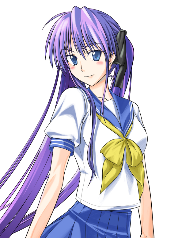 fuuyou yuuki, hiiragi kagami, lucky star, 00s, 1girl, black ribbon, blue skirt, blush, bow, bowtie, cowboy shot, female focus, hair ribbon, head tilt, long hair, looking at viewer, pleated skirt, ribbon, sailor collar, school uniform, serafuku, simple background, skirt, solo, very long hair, white background, yellow bow, yellow bowtie