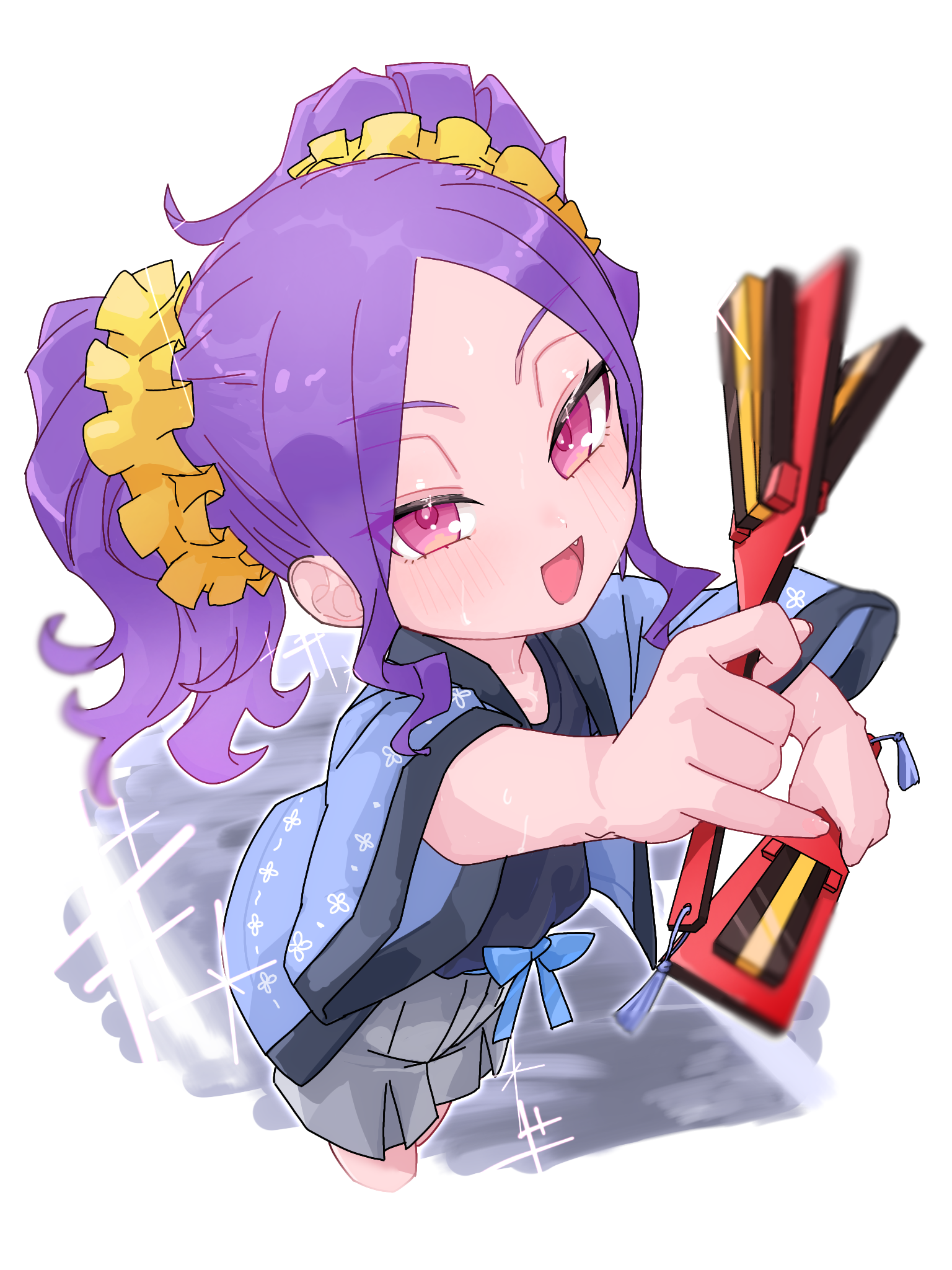niwaikanai, wu zetian (fate), wu zetian (first ascension) (fate), fate/grand order, fate (series), highres, 1girl, black shirt, blue kimono, blush, breasts, forehead, grey skirt, hair ornament, hair scrunchie, instrument, japanese clothes, kimono, long hair, long sleeves, looking at viewer, open mouth, parted bangs, purple eyes, purple hair, scrunchie, shirt, sidelocks, skirt, small breasts, smile, solo, twintails, wide sleeves, yellow scrunchie