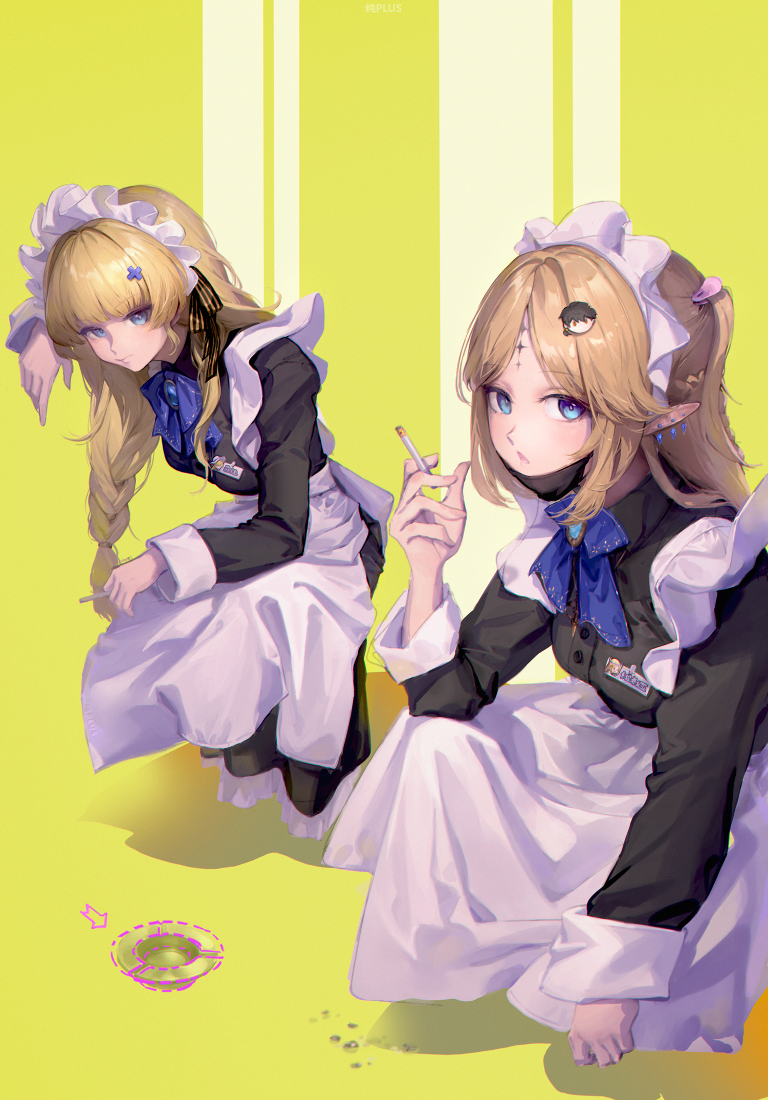 shou xian wu, cartethyia (wuthering waves), male rover (wuthering waves), phoebe (wuthering waves), rover (wuthering waves), wuthering waves, chinese commentary, commentary request, highres, partial commentary, 2girls, alternate costume, apron, ashtray, black bow, black dress, blonde hair, blue bow, blue bowtie, blue eyes, bow, bowtie, breasts, character hair ornament, cigarette, closed mouth, delinquent, dress, earrings, enmaided, fingernails, hair bow, hair ornament, hairclip, holding, holding cigarette, jewelry, long dress, long hair, long sleeves, looking at viewer, low-braided long hair, low-tied long hair, maid, maid headdress, mask, mask pull, medium breasts, mouth mask, multiple earrings, multiple girls, name tag, open mouth, out of character, pointy ears, sidelocks, slav squatting, squatting, striped bow, x hair ornament