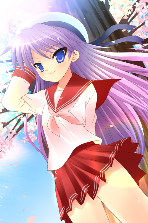 yukizuki chikuba, hiiragi kagami, da capo, da capo i, lucky star, 1girl, blue eyes, cherry blossoms, female focus, hat, long hair, parody, purple hair, school uniform, serafuku, smile, solo, tree, very long hair