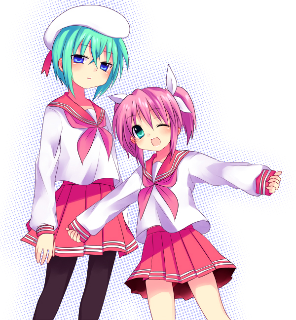 subaru (yachika), iwasaki minami, kobayakawa yutaka, lucky star, black legwear, 00s, 2girls, ;d, aqua eyes, aqua hair, ascot, beret, blue eyes, half-closed eyes, hat, long sleeves, multiple girls, neckerchief, one eye closed, open mouth, outstretched arms, pantyhose, pink hair, pink neckerchief, school uniform, serafuku, short hair, sidelocks, skirt, smile, spread arms, twintails