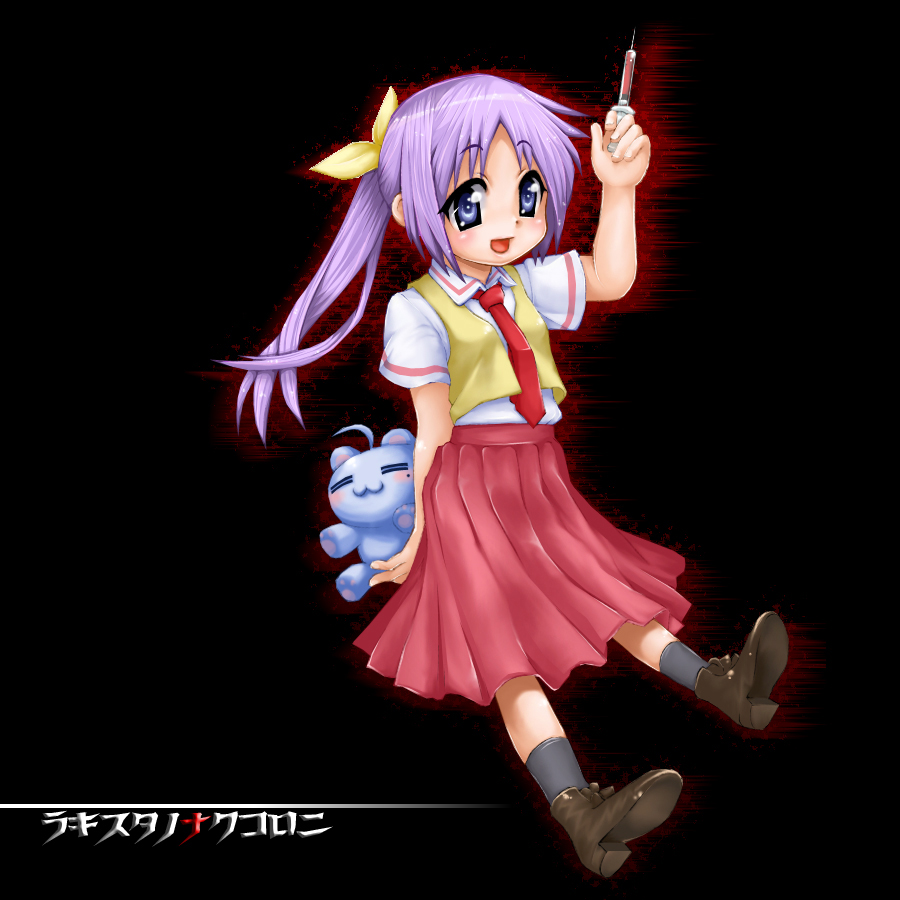 afrostar, hiiragi kagami, izumi konata, sonozaki mion, higurashi no naku koro ni, lucky star, 1girl, alternate hairstyle, blue eyes, cosplay, crossover, female focus, necktie, ponytail, purple hair, red necktie, school uniform, serafuku, socks, solo, sonozaki mion (cosplay), stuffed animal, stuffed toy, syringe