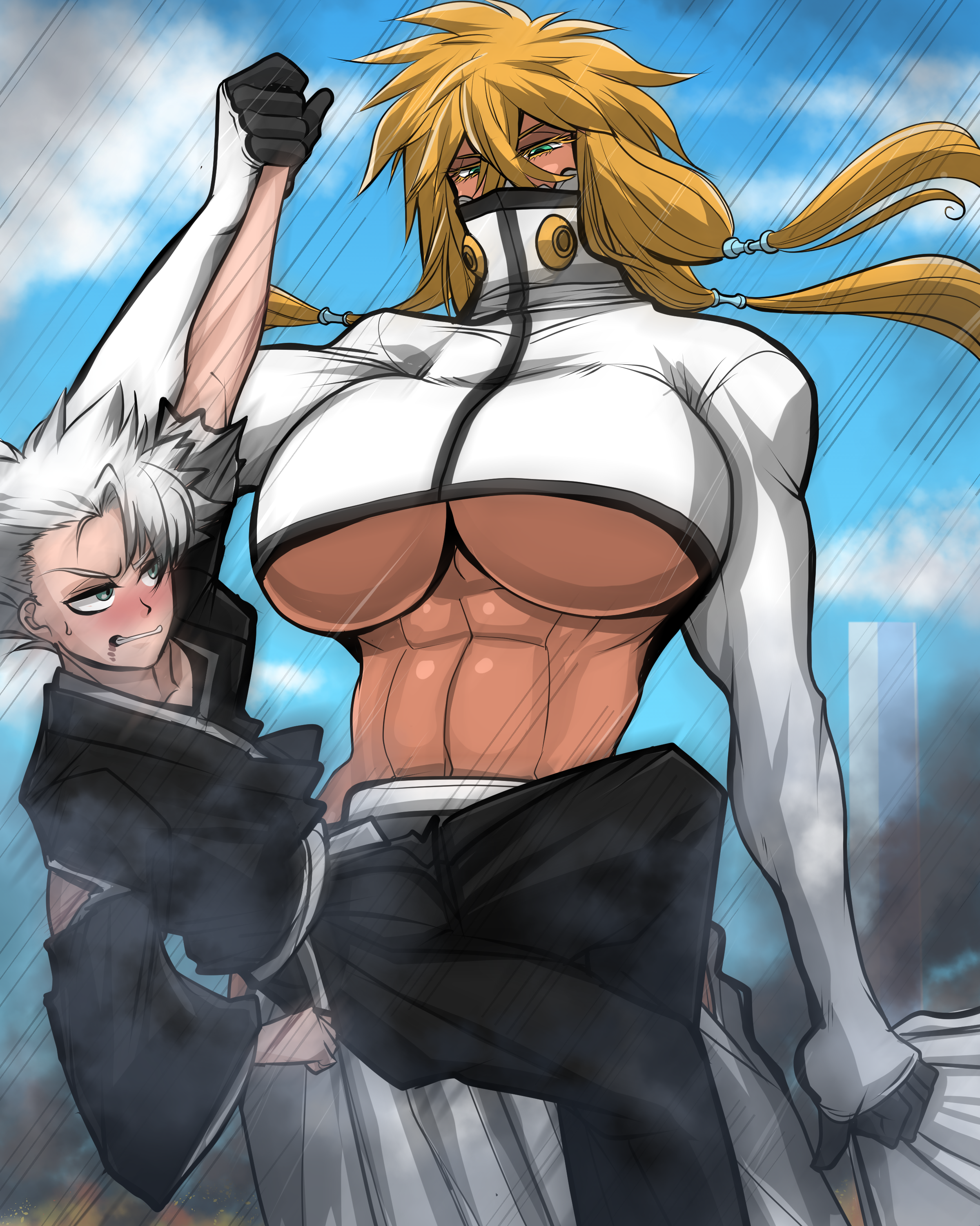 soyuz001, hitsugaya toushirou, tier harribel, bleach, 1boy, 1girl, blonde hair, blush, breasts, colored eyelashes, cropped jacket, dark-skinned female, dark skin, espada, green eyes, holding hands, japanese clothes, large breasts, medium hair, shihakusho, short hair, sidelocks, sky, spiked hair, toned, toned female, underboob, white hair
