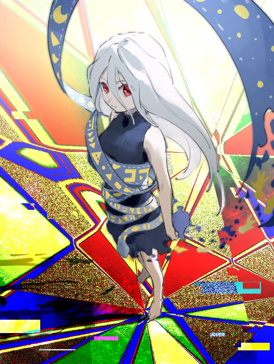 kaigen 1025, yuiman asama, fossilized wonders, touhou, highres, 1girl, barefoot, black dress, breasts, closed mouth, dress, full body, grey hair, hair between eyes, long hair, long hair between eyes, looking at viewer, play button, red eyes, ribbon, ribbon around body, sleeveless, sleeveless dress, snake, solo, standing