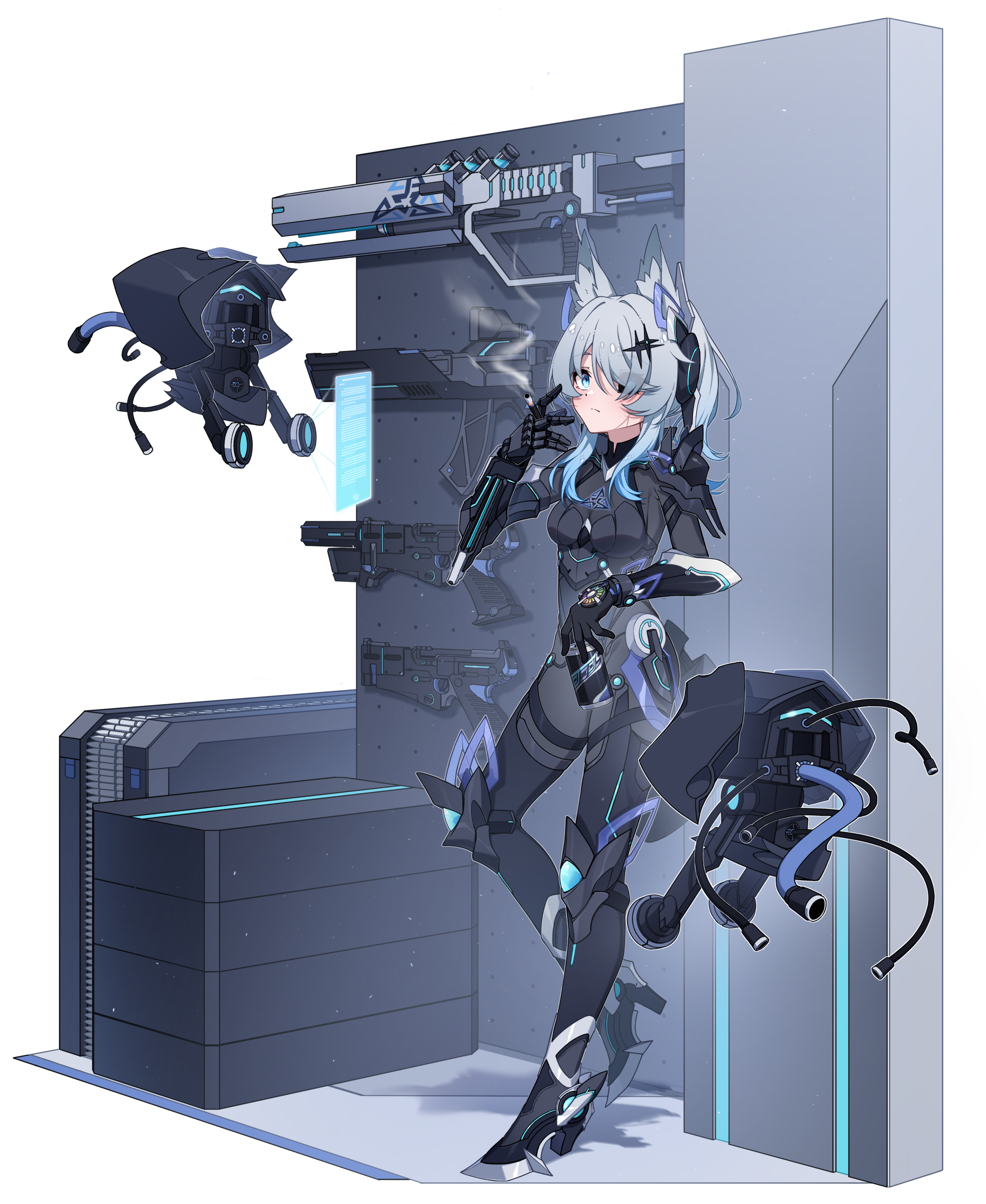 original, absurdres, highres, 1girl, against wall, ammunition belt, animal ear fluff, animal ears, armored bodysuit, assault rifle, black bodysuit, black sclera, blue eyes, blue hair, bodysuit, breasts, can, cigarette, colored sclera, cyberpunk, drone, fox girl, full body, gradient hair, grey hair, gun, handgun, high heels, holding, holding can, holding cigarette, leaning on object, looking at viewer, mismatched sclera, multicolored hair, rifle, small breasts, solo, standing, standing on one leg, tachi-e, user tnfx8873, weapon, weapon on wall, white background