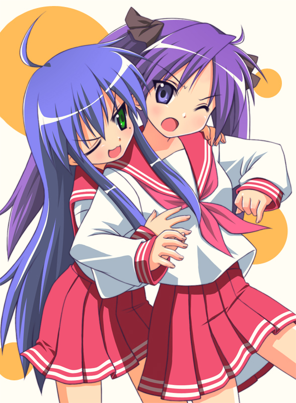 moyashi (m-planter), hiiragi kagami, izumi konata, lucky star, non-web source, 00s, 2girls, ahoge, blue hair, blush, green eyes, hug, long hair, mole, mole under eye, multiple girls, one eye closed, purple eyes, purple hair, school uniform, serafuku, very long hair, wink