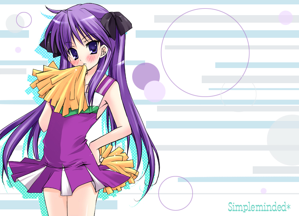 hayashi sakura, hiiragi kagami, lucky star, 00s, blush, cheerleader, collarbone, hair ribbon, hand on own hip, hip focus, long hair, pleated skirt, pom pom (cheerleading), purple eyes, purple hair, ribbon, skirt, solo, tsurime, twintails