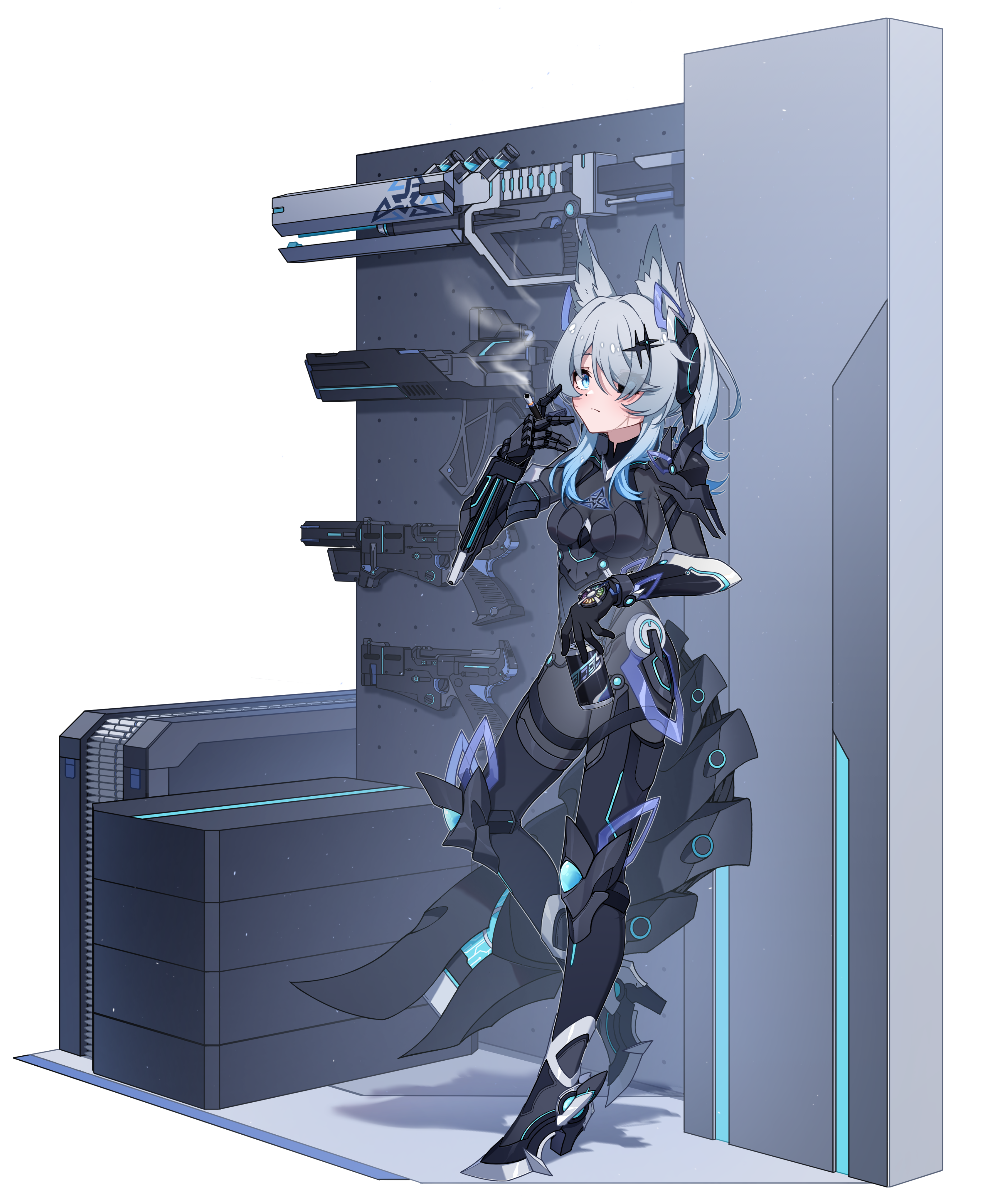 original, absurdres, highres, 1girl, against wall, ammunition belt, animal ear fluff, animal ears, armored bodysuit, assault rifle, black bodysuit, black sclera, blue eyes, blue hair, bodysuit, breasts, can, cigarette, colored sclera, cyberpunk, fox girl, full body, gradient hair, grey hair, gun, handgun, high heels, holding, holding can, holding cigarette, leaning on object, looking at viewer, mechanical tail, mismatched sclera, multicolored hair, rifle, small breasts, solo, standing, standing on one leg, tachi-e, tail, user tnfx8873, weapon, weapon on wall, white background