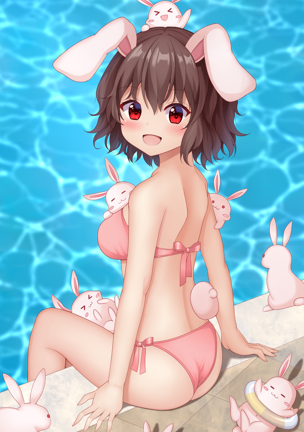 suigetsu (watermoon-910), inaba tewi, touhou, commentary request, highres, 1girl, alternate costume, animal, animal ears, animal on head, bikini, blush, breasts, brown hair, innertube, looking at viewer, medium hair, on head, open mouth, pink bikini, pool, rabbit, rabbit ears, rabbit girl, red eyes, side-tie bikini bottom, sitting, smile, solo, swim ring, swimsuit